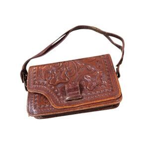 Vintage Hand Tooled Raised Flower Leather Purse Boho 70's Festival Hippy